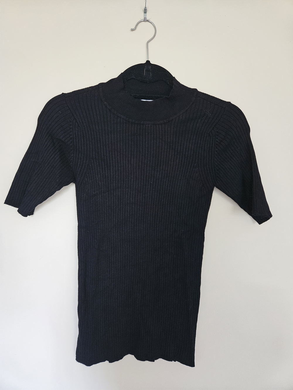 Black Ribbed Cowl Neck Short-Sleeve Sweater